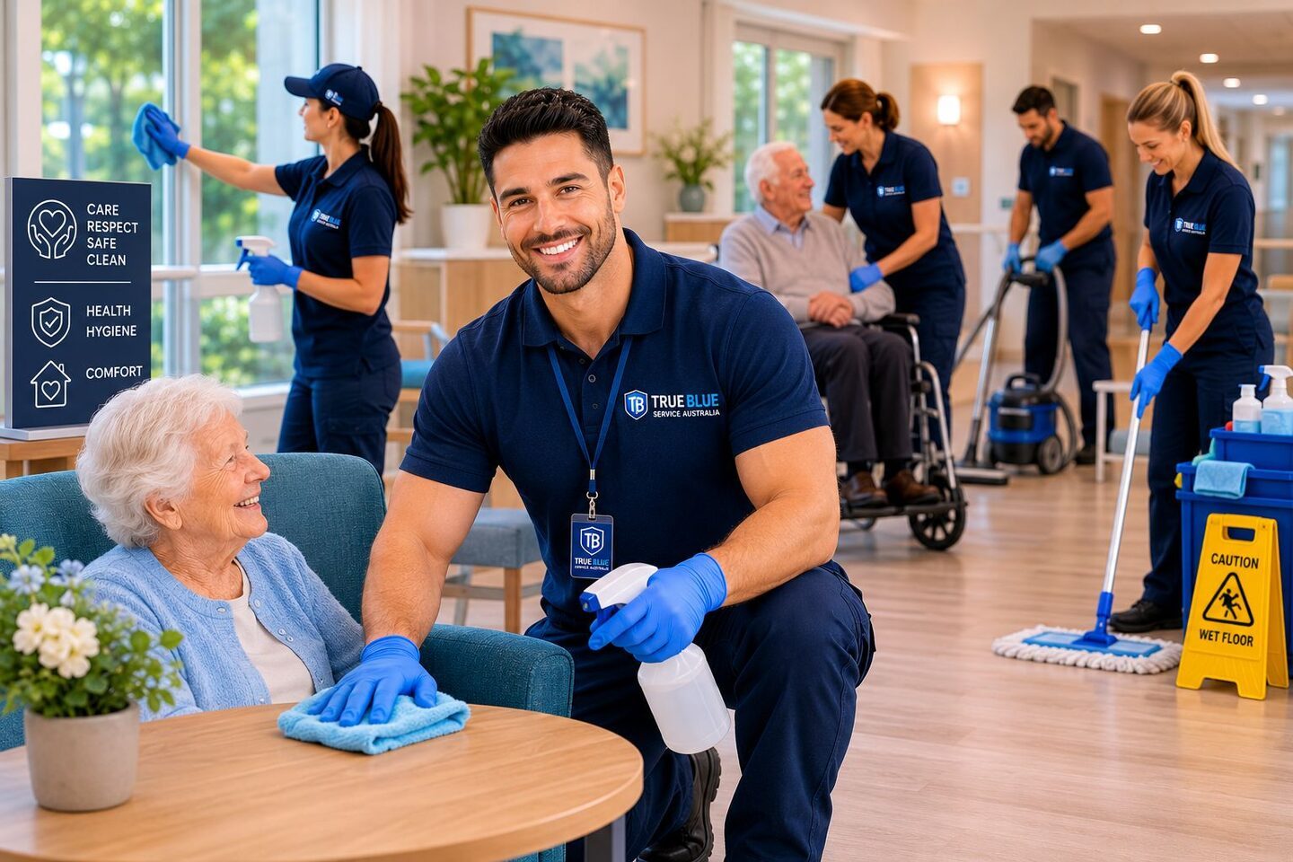 True Blue cleaner sanitising a table beside a resident in a Sydney aged-care facility