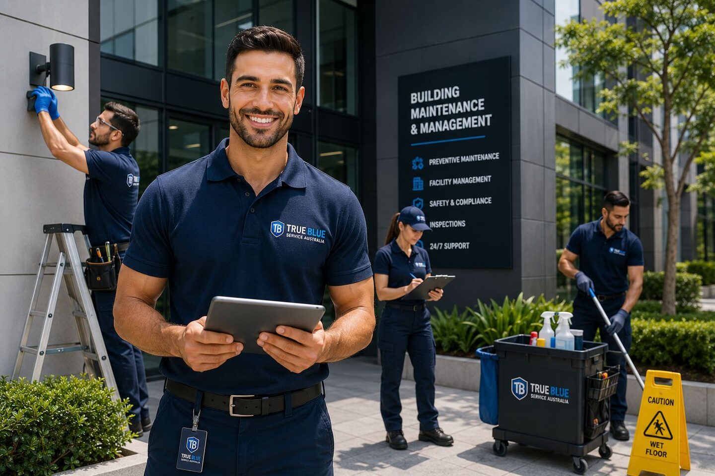 True Blue facilities team handling building maintenance in a Sydney strata lobby