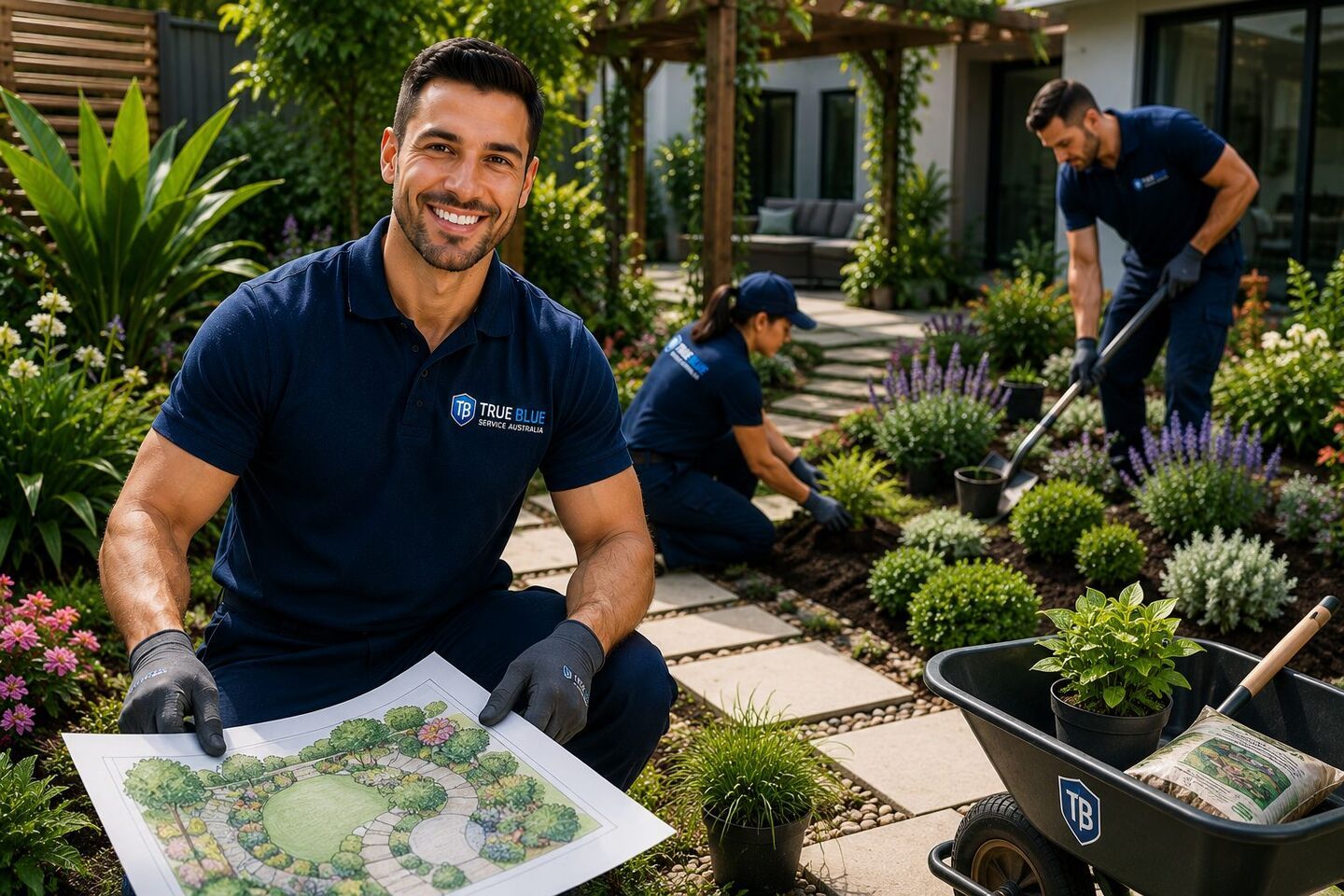 True Blue gardener with a garden design plan while the team plants a new Sydney garden